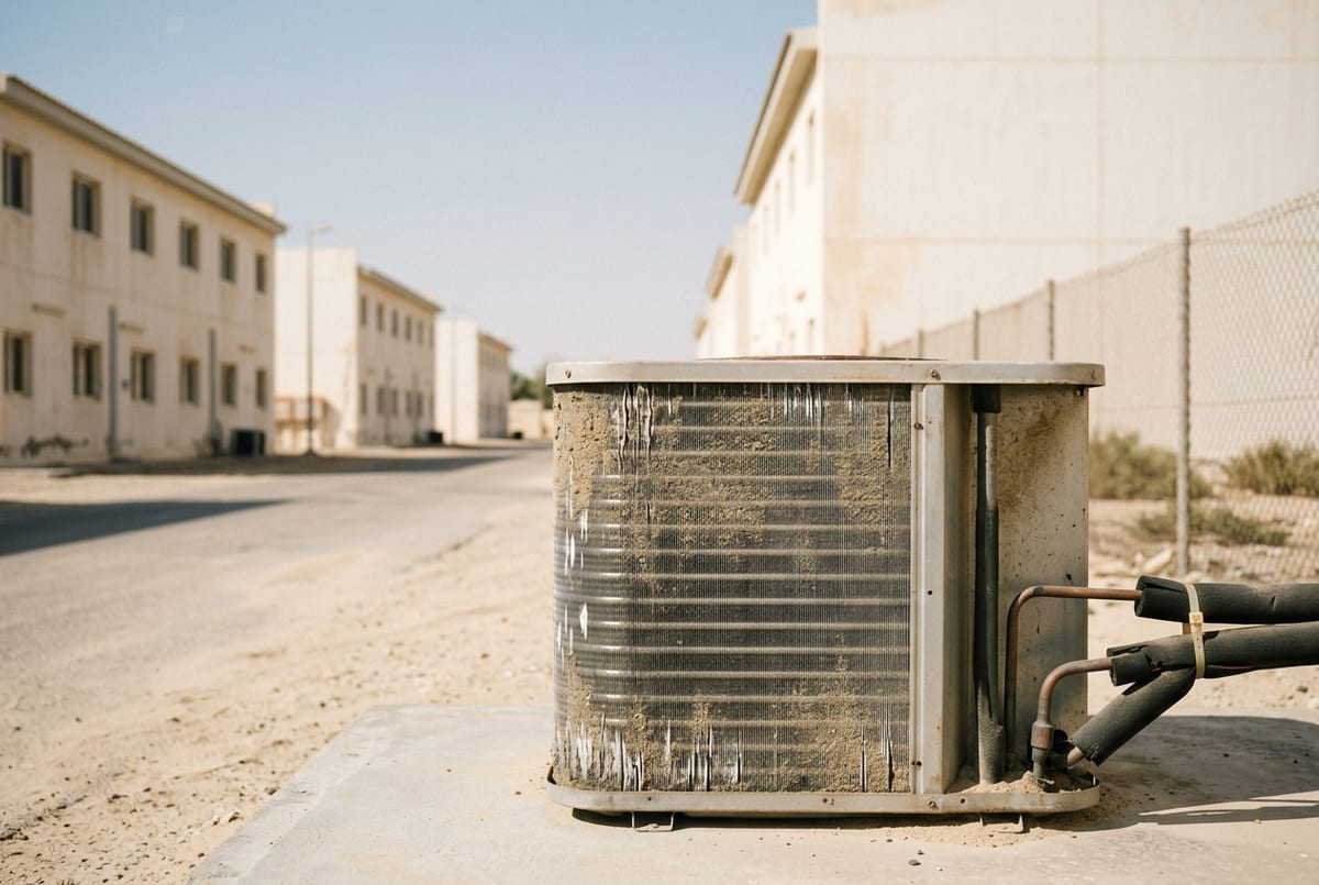 وحدة تكثيف مكيف خارجية في بقيق تظهر عليها آثار الترسّب البيئي