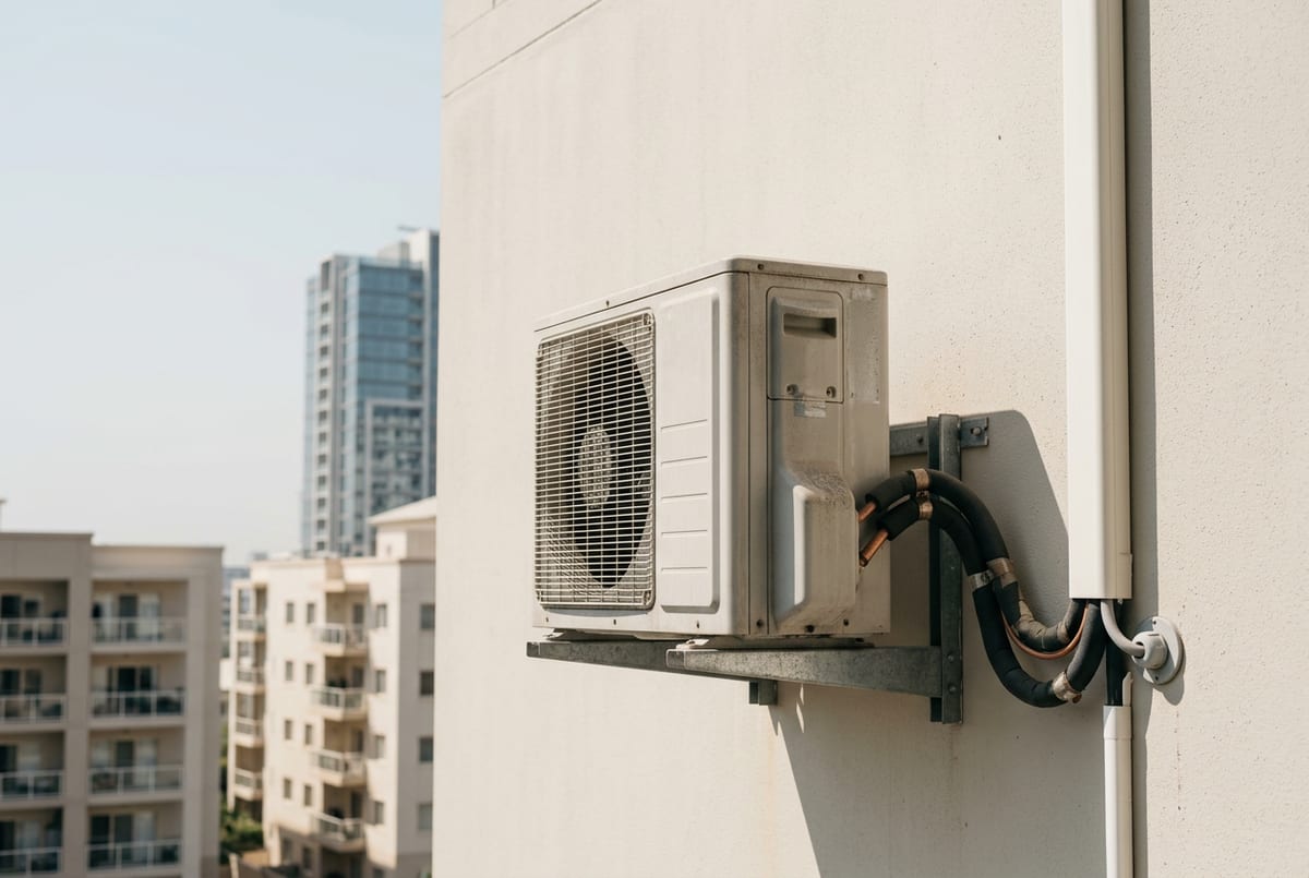 وحدة تكثيف مكيف خارجية في الدمام تظهر عليها آثار الترسّب البيئي