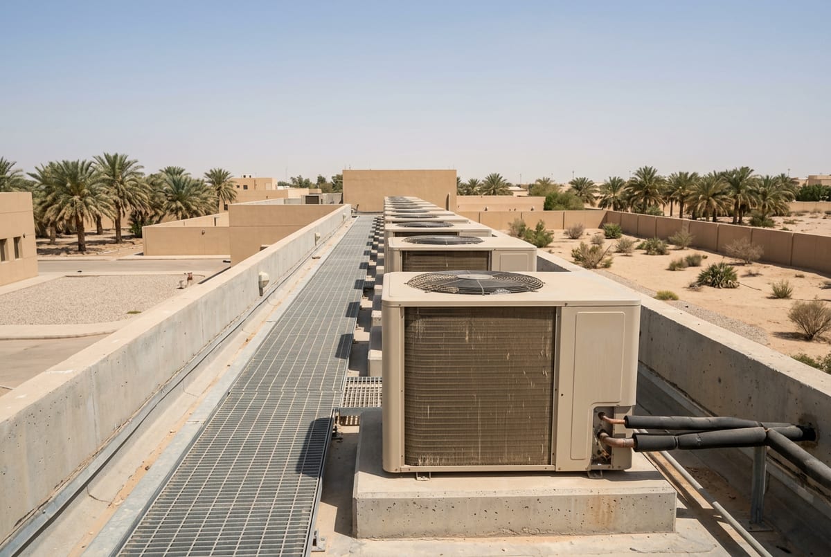 وحدة تكثيف مكيف خارجية في الظهران تظهر عليها آثار الترسّب البيئي