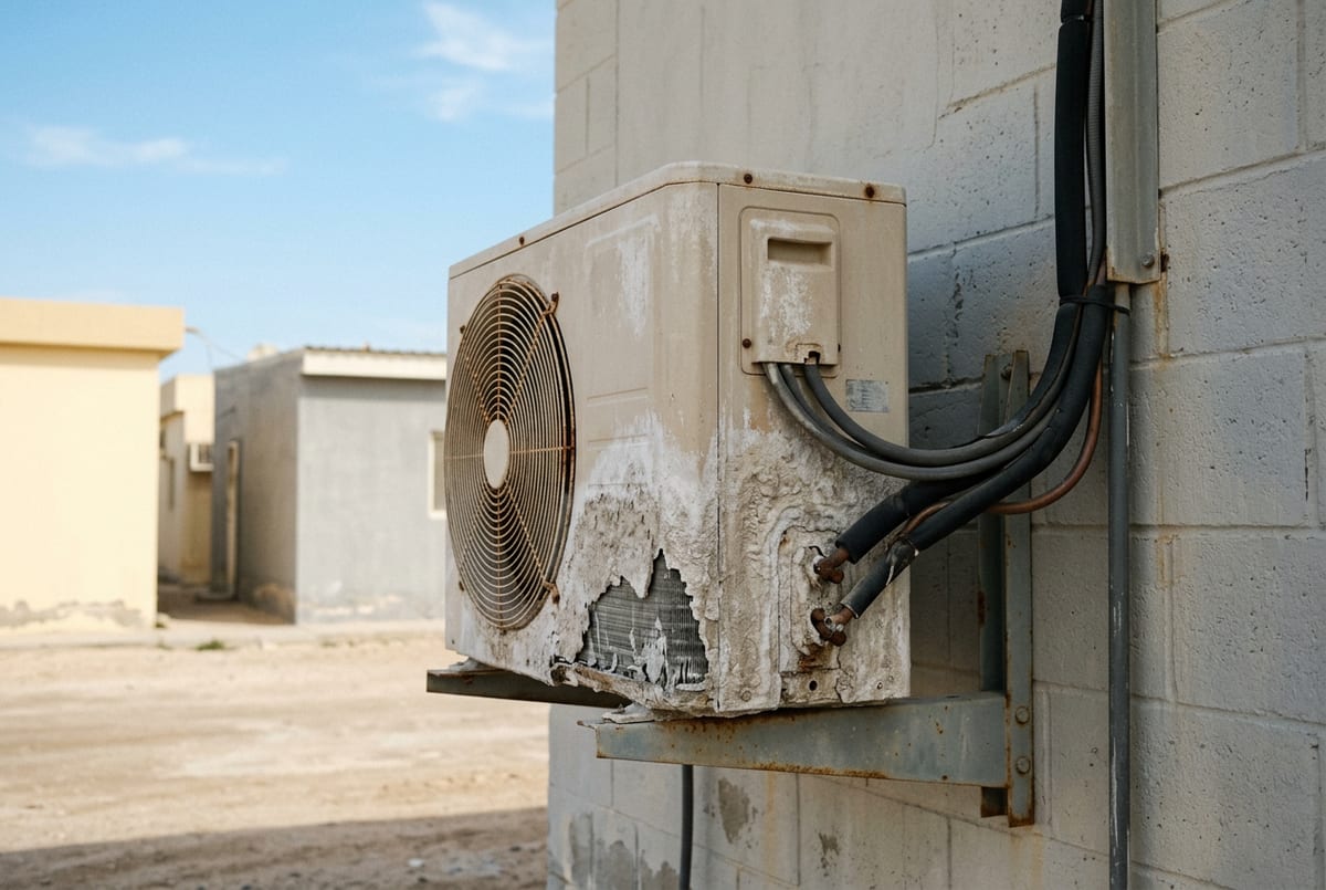 وحدة تكثيف مكيف خارجية في الخفجي تظهر عليها آثار الترسّب البيئي