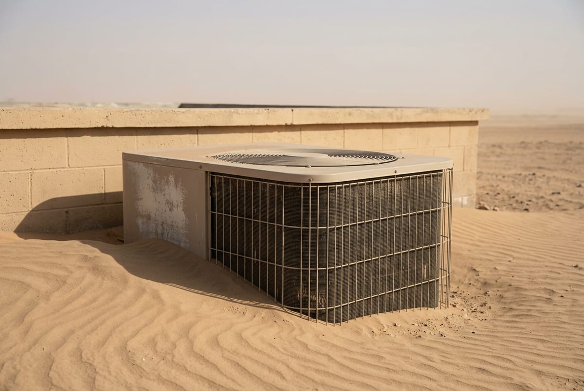 وحدة تكثيف مكيف خارجية في النعيرية تظهر عليها آثار الغبار المتراكم