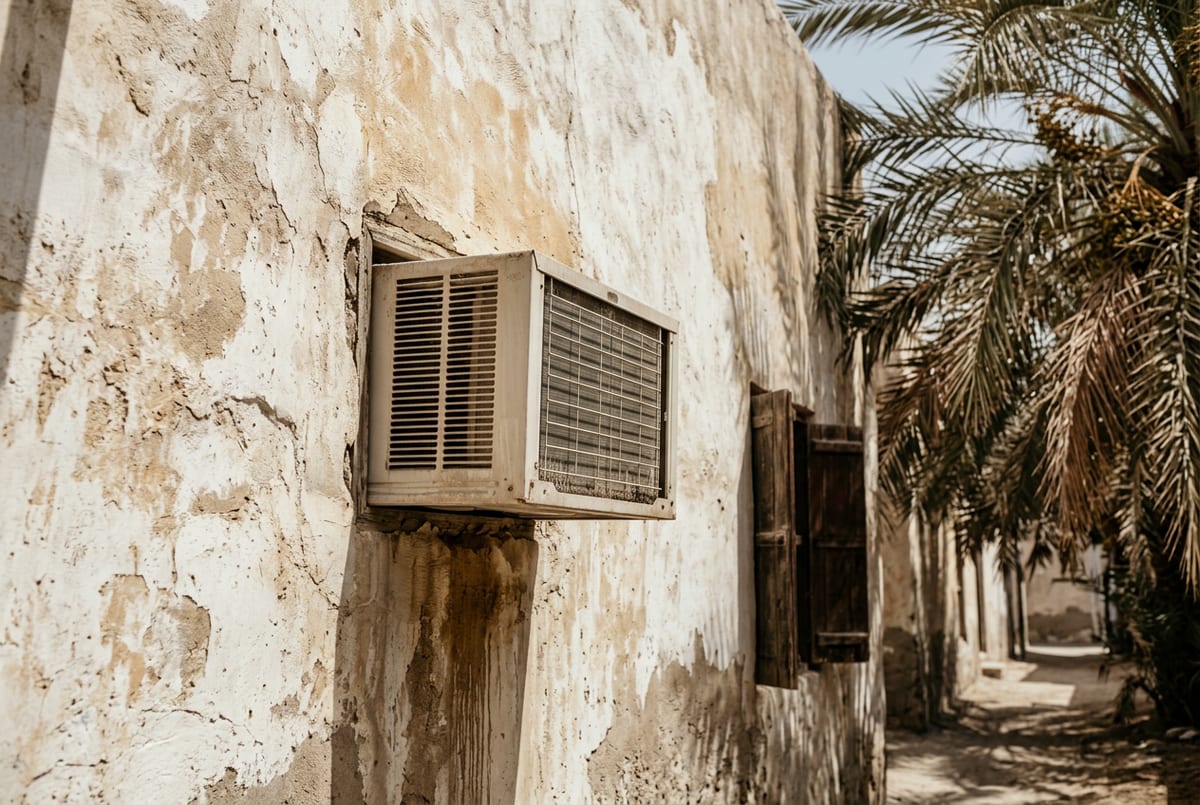 وحدة تكثيف مكيف خارجية في القطيف تظهر عليها آثار الترسّب البيئي