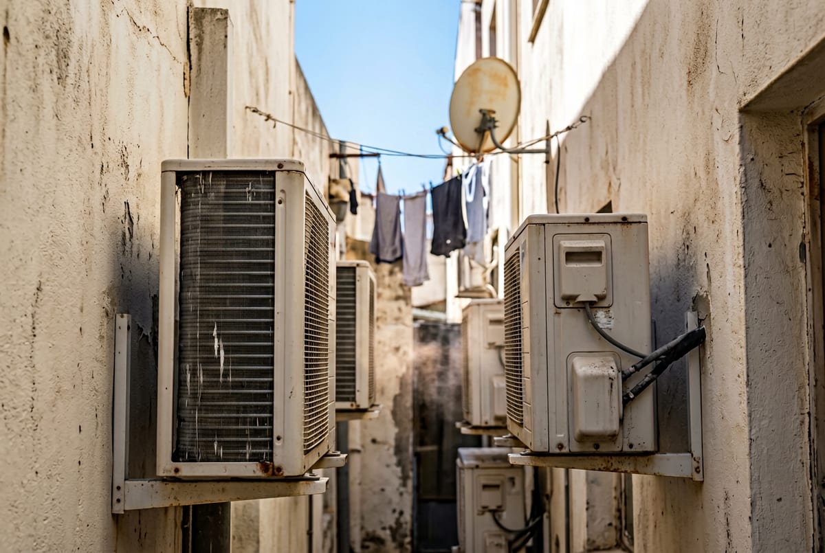 وحدة تكثيف مكيف خارجية في سيهات تظهر عليها آثار الترسّب البيئي