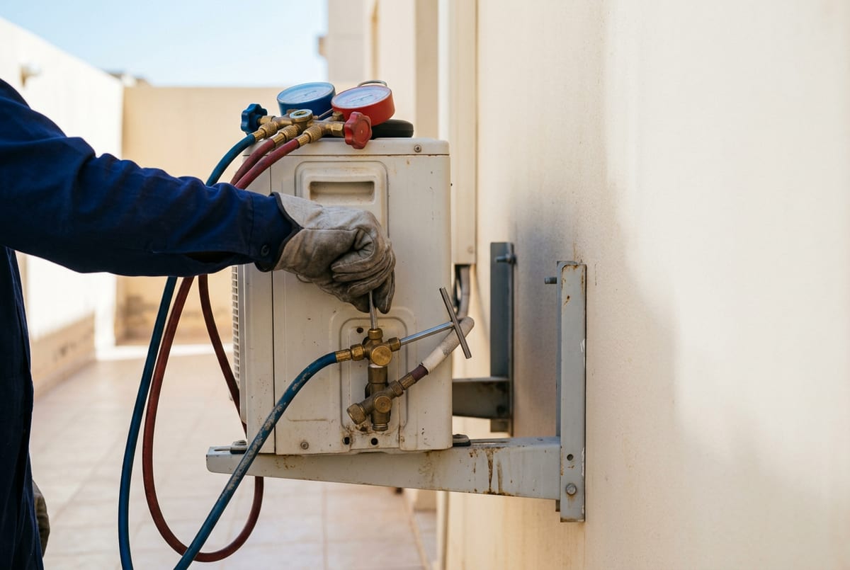 فك وحدة خارجية أثناء نقل المكيفات داخل مبنى بالمنطقة الشرقية